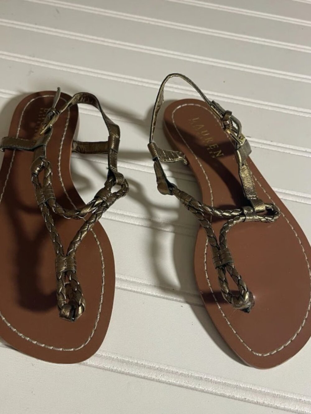 Lauren Ralph Lauren Leather Braided Slingback Thong Sandals Women's 5.5B Gold - Picture 4 of 12